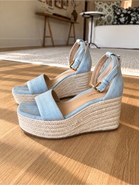 Veronica Beard Gianna Light Blue Denim Espadrille Platform Wedge Sandals 10